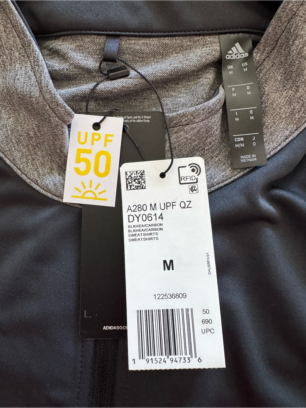 adidas Black and Charcoal Heather Athletic 1/4 zip with UPF 50